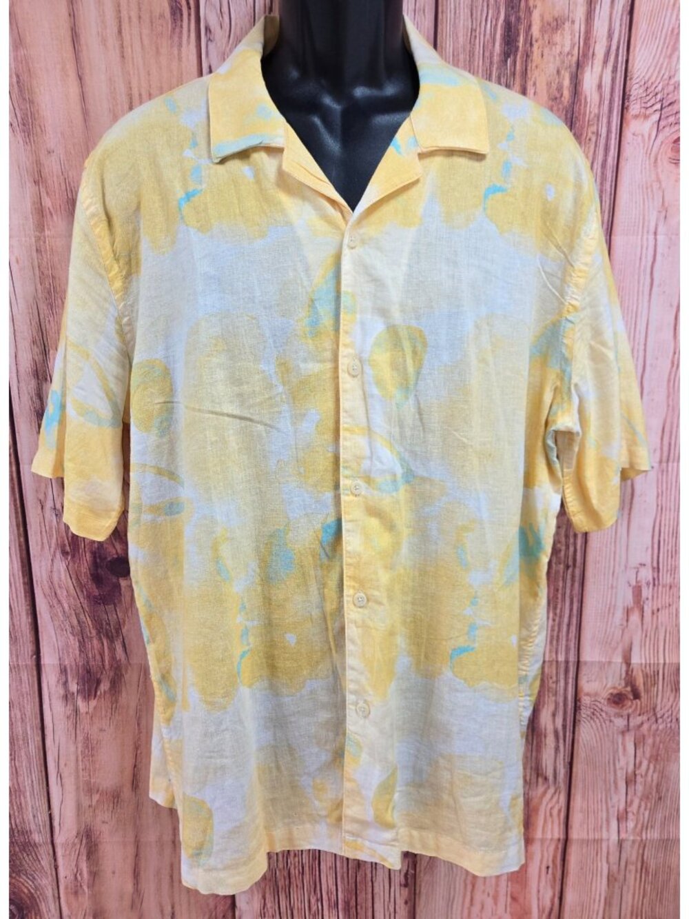 Zara Yellow Watercolor Linen Blend Button-Up Shirt XL Lightweight